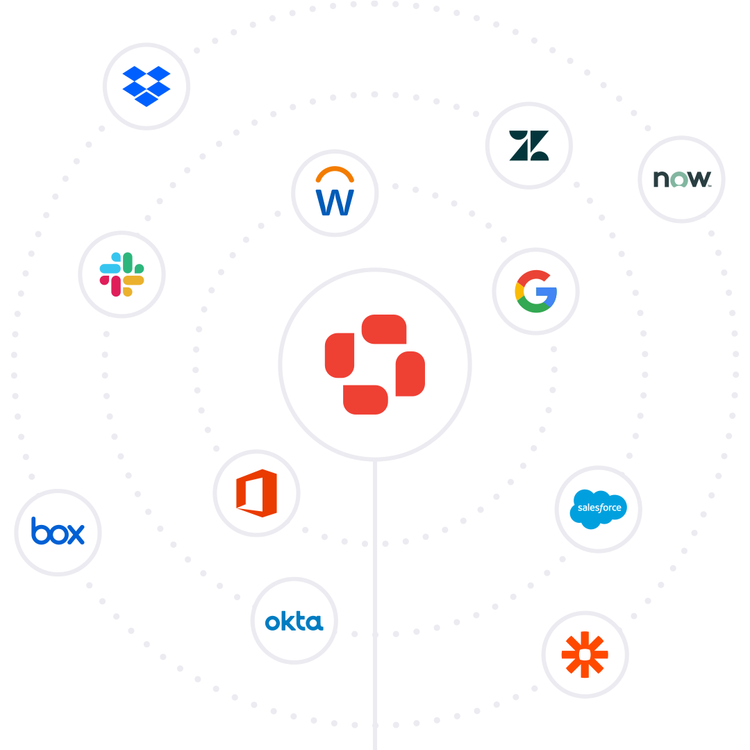 Illustration showing Igloo at the center being orbited by integrations: Google, Office 365, Workday, Zendesk, Servicenow, Salesforce, Zapier, Okta, Box, Slack, and Dropbox.
