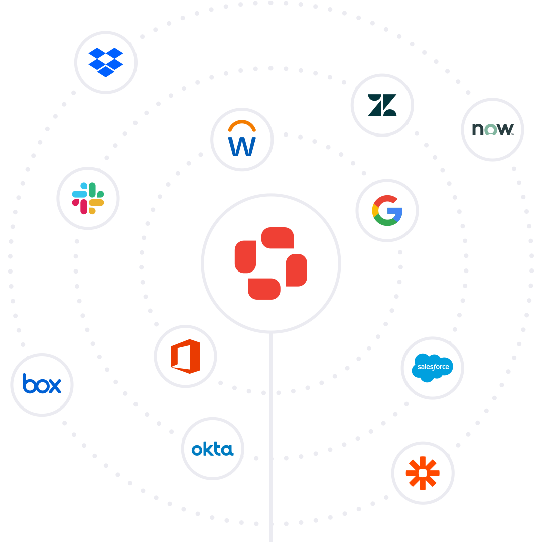 Illustration showing Igloo at the center being orbited by integrations: Google, Office 365, Workday, Zendesk, Servicenow, Salesforce, Zapier, Okta, Box, Slack, and Dropbox.