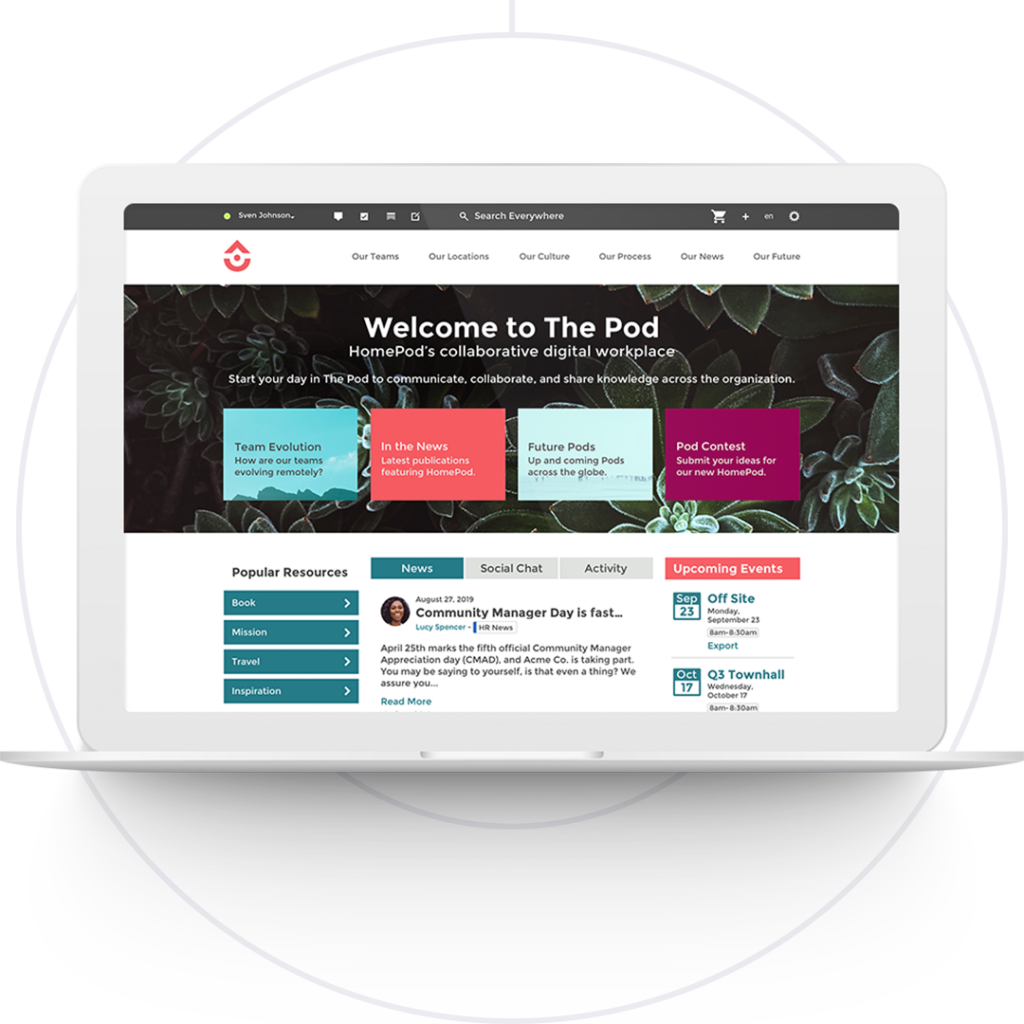 Screenshot of an Igloo digital workplace home page called "The Pod" with newsfeeds, social chats, upcoming events, and popular resources.